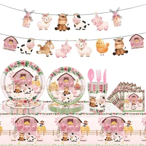 Fournitures de Fête Animaux de la Ferme Rose Grange Vache Floral Assiettes en Papier Serviettes Gobelets Nappe Bannière Anniversaire Fille Décorations