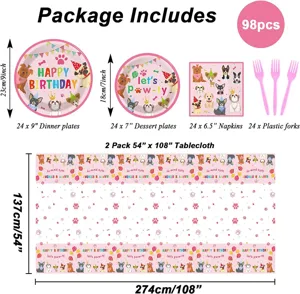 Set de fête 98 pièces motif chien rose incluant assiettes serviettes et nappe de table