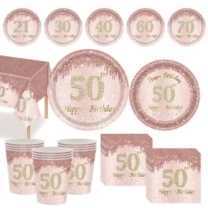 Ensemble de Vaisselle de Fête d'Anniversaire Or Rose Assiettes en Papier Jetables Gobelets Serviettes Nappe pour Décorations d'Anniversaire
