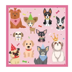 Détail d'une serviette rose avec d'adorables chiens cartoon pour décoration de fête d'animaux.