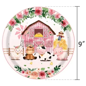Détail d'une assiette en carton de 9 pouces thème ferme rose avec fleurs et animaux