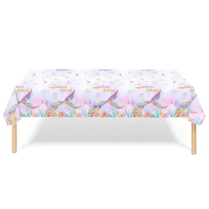 Disposable PE plastic tablecloth featuring vibrant mermaid tail and coral reef patterns