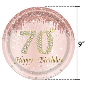 Vue détaillée d'une assiette en papier 9 pouces or rose pour 70e anniversaire à paillettes