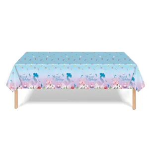 Full view of disposable mermaid birthday party tablecloth on a rectangular table