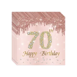 Serviettes en papier 70e anniversaire or rose avec paillettes et motif diamant