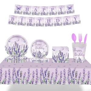 Frühling Lavendel Geburtstag Party Einweggeschirr Set Floral Pappteller Becher Servietten Banner Lila Tischdecke Besteck