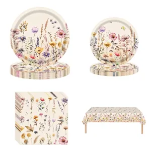 Kit de fête jetable thème fleurs sauvages avec assiettes, serviettes et nappe de table
