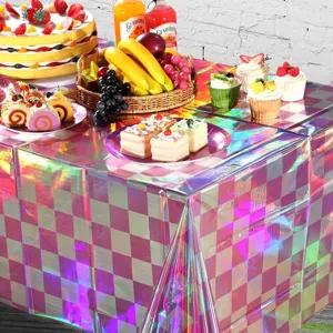 Nappe de fête laser à damier irisé en film d'aluminium jetable de haute qualité.