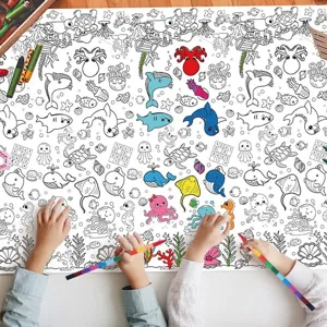 Detail of children coloring a sea world ocean life waterproof graffiti tablecloth