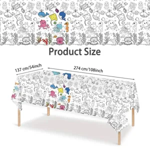 Detailed view showing dimensions 137x274cm for sea world coloring birthday tablecloth
