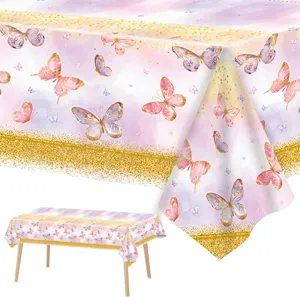 Einweg-Tischdecke mit rosa Aquarell-Schmetterlingsmuster und Goldglitzer-Rand