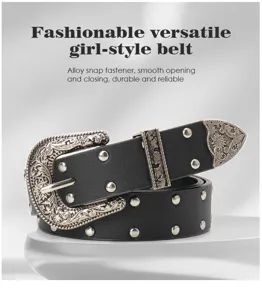 Detail view of a retro black leather belt with engraved silver buckle and studs.