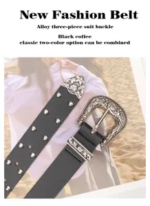 Detailed view of women's retro studded leather belt with western engraved buckle