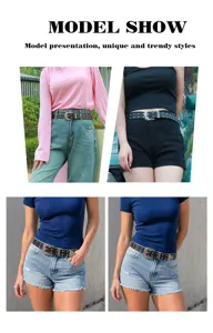 Close-up model shots of women's vintage studded leather belt with engraved metal buckle