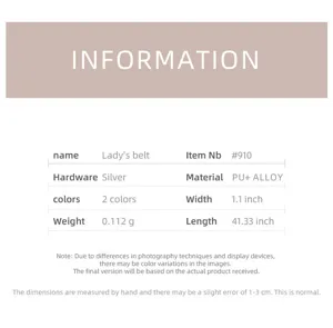 Product information table for women's studded belt with material and size details.