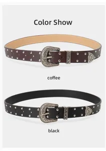 Western style studded leather belts in coffee and black with engraved buckles