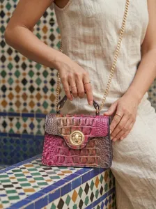 Women Vintage PU Leather Top Handle Bag Crocodile Pattern Crossbody Handbag With Gold Chain Strap Gradient Shoulder Bag For Daily Party