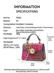 Retro crocodile embossed leather handbag with top handle and crossbody chain strap