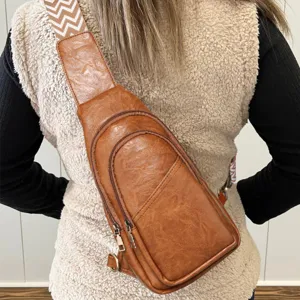 Bolso Bandolera de Pecho para Mujer Retro Bohemio Cuero de PU con Correa Ancha de Patrón Geométrico Color Sólido
