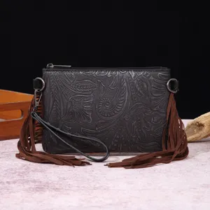 Cartera vintage de cuero con relieve de estilo bohemio occidental y flecos largos