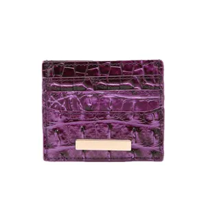 Elegante porta carte viola con trama coccodrillo e una barra in metallo dorato