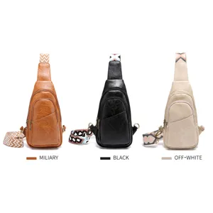 Vista detallada de tres bolsos de pecho vintage para mujer con correas bohemias en tres colores
