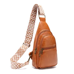 Bolso de pecho vintage de cuero PU marrón con una correa bohemia de diseño único