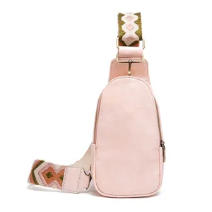 Bolso de pecho vintage para mujer en rosa pálido con correa ancha tejida