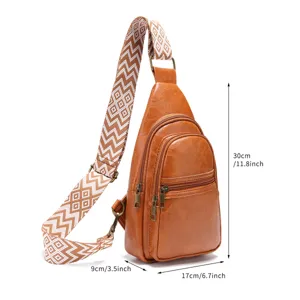 Bolso bandolera vintage marrón con correa bohemia y dimensiones detalladas del bolso