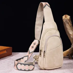 Bolso bandolera de estilo bohemio vintage en cuero PU beige con correa tejida estampada