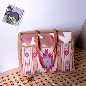 Vintage Bohemian canvas linen large tote bag with tribal pattern and cowhide print