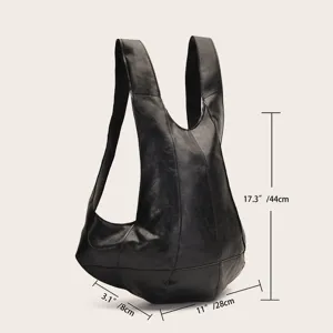 Dimensiones detalladas de la mochila vintage de cuero suave negro con forma de escarabajo.