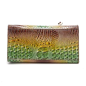 Vista de cerca de un bolso vintage de lujo con cuero grabado de cocodrilo en degradado