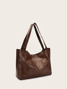 Bolso tote vintage de cuero encerado marrón de alta calidad con un práctico bolsillo