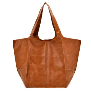 Bolso tote vintage grande de cuero encerado marrón de alta calidad y textura suave