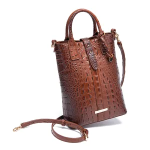 Bolso de mano vintage marrón con relieve de cocodrilo y elegantes detalles dorados