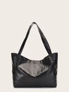 Vista frontal del bolso tote grande de cuero sintético encerado negro suave