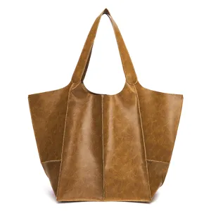 Bolso tote grande vintage de cuero suave encerado marrón con diseño patchwork