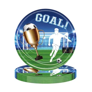 Stacked soccer-themed paper plates featuring a trophy and goal design for party decor