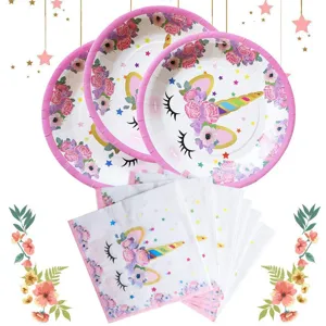 Fournitures de fête thème licorne florale avec assiettes et serviettes
