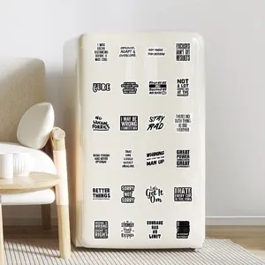 Detailed view of waterproof black quote stickers applied on a retro fridge. Ideal for DIY decor.