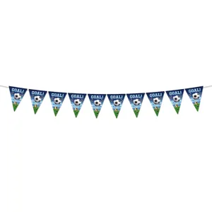 Blue soccer themed triangle bunting banner with GOAL text for party decor