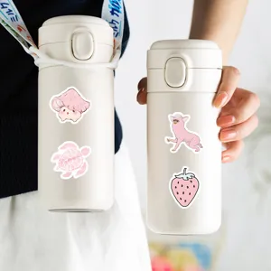 Insulated water bottle with cute pink stickers, portable thermos flask for daily use.