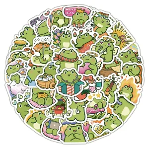Collection of 60 unique cute cartoon frog vinyl stickers for luggage and laptops