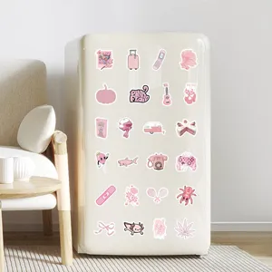 Detailed view of cute pink aesthetic waterproof stickers featuring various cartoon and music designs.