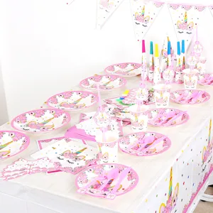 Set de vaisselle jetable licorne à fleurs pour fête anniversaire enfant complet