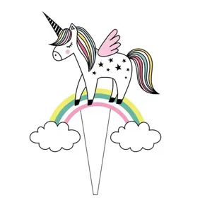 Cartoon eenhoorn op regenboog taarttopper prikker voor decoratie van kinderfeestjes
