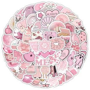 Pink Waterproof Cute Cartoon Stickers Aesthetic Vinyl Decal Pack For Water Bottles Phone Case Luggage Skateboard