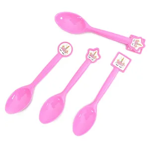 Vue détaillée de cuillères en plastique rose thème licorne pour fête d'anniversaire