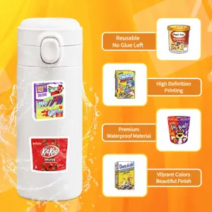 Detailed view of waterproof snack-themed stickers applied to a white water bottle